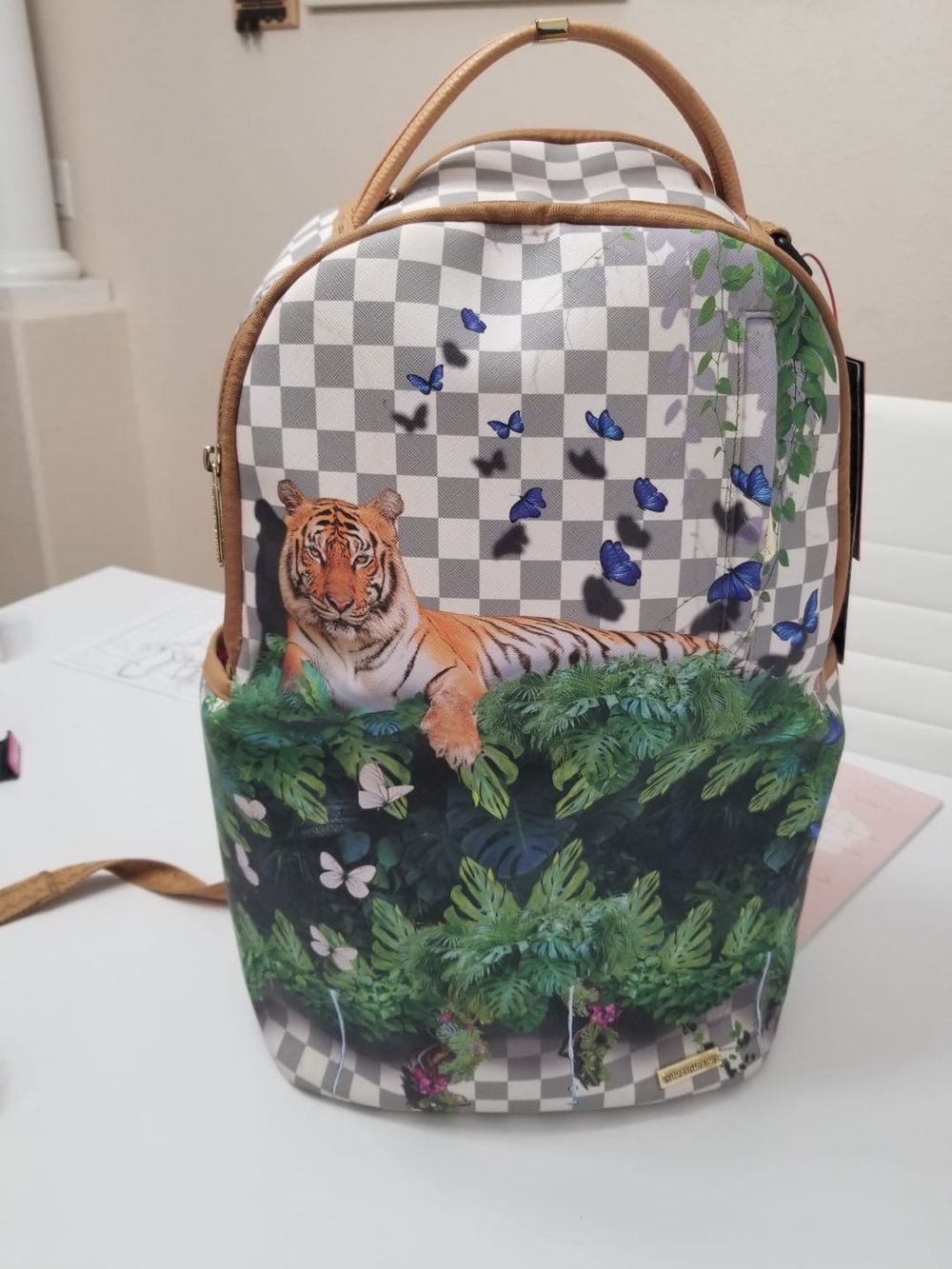 Sprayground Tiger & Butterfly Backpack in Tan, Green, Blue